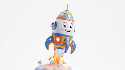 Naklejka premium Cute cartoon rocket blasting off with a happy astronaut waving from the window against a white background