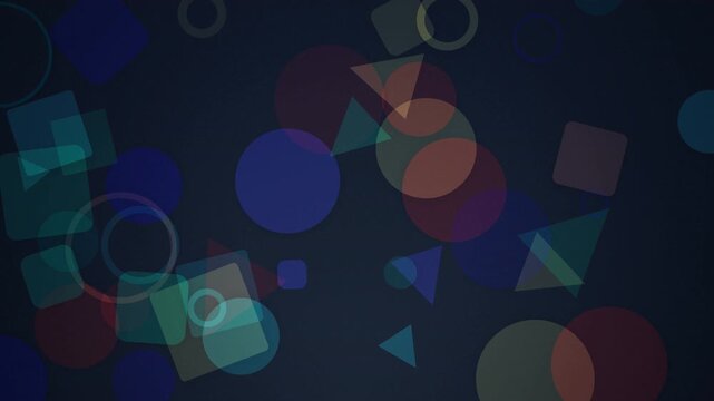 Vibrant semi-transparent geometric shapes floating on a dark blue background, concept for video transitions, presentation slides and creative digital media