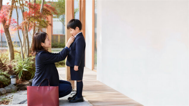 七五三の朝に子どもの襟元を整えるひとり親