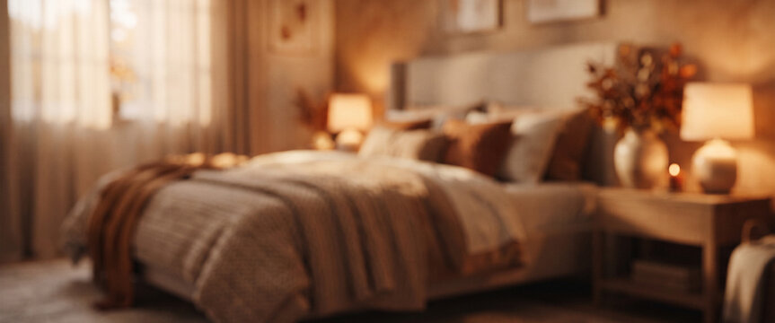 Warm autumn bedroom interior with soft amber lighting, cozy textiles, seasonal foliage, and elegant decor, intentionally fully blurred to create a dreamy background for lifestyle and seasonal designs
