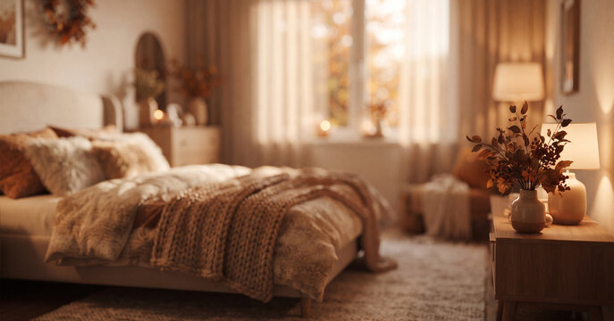 Warm autumn bedroom interior with soft amber lighting, cozy textiles, seasonal foliage, and elegant decor, intentionally fully blurred to create a dreamy background for lifestyle and seasonal designs