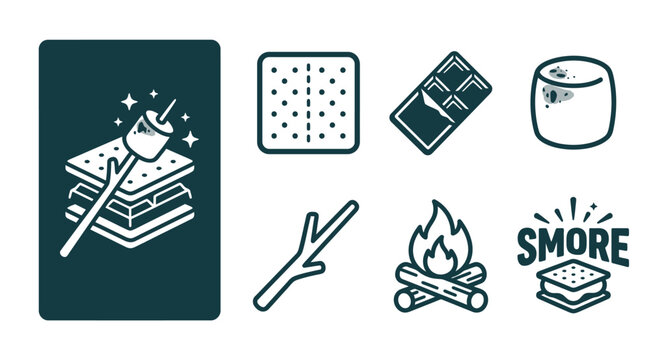 Minimalist dark teal smore icon set featuring graham crackers, chocolate bars, marshmallows, campfire, and roasting sticks. Vector graphic illustration for camping and food designs.