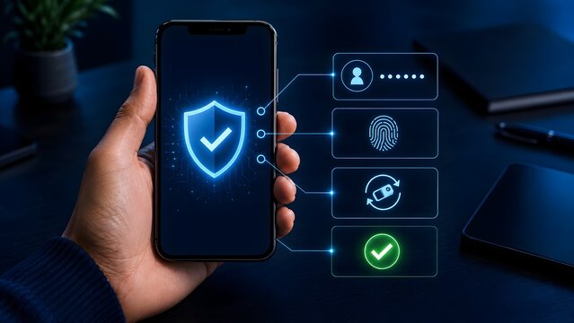 Hand holding smartphone with cybersecurity shield and biometric fingerprint scanner demonstrating multifactor authentication process