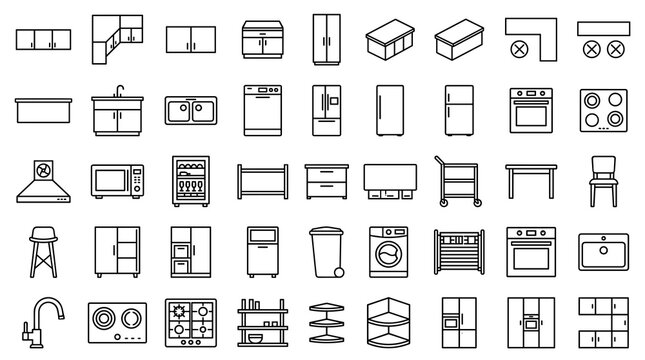 Kitchen Furniture Floor Plan Icons Set Featuring Cabinets Island Sink Appliances Tables and Architectural Interior Layout Symbols in Vector Design
