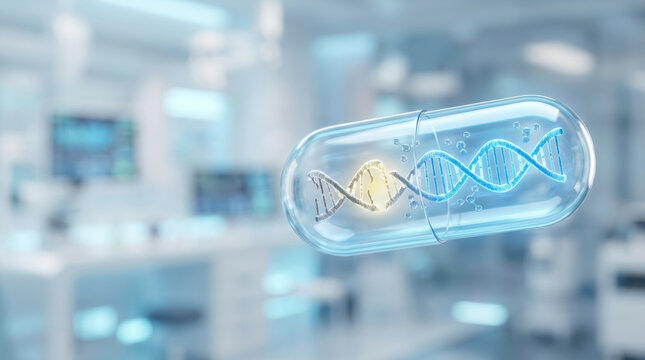 Gene editing therapies concept with glowing DNA capsule floating in futuristic laboratory, suggesting advanced medical research and innovation
