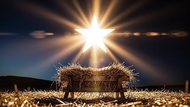 Bright star over quiet christmas manger night sky concept. Bright glowing star shining over empty rustic manger with straw on dark night background