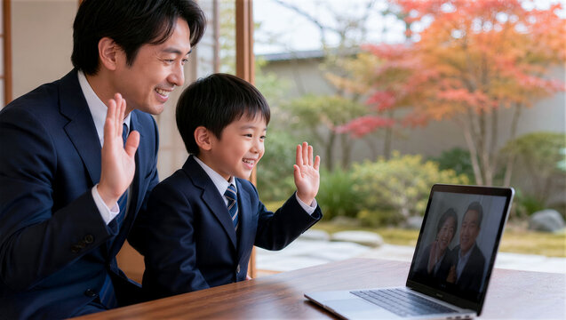 七五三の親子と祖父母をつなぐビデオ通話