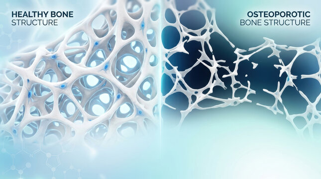 Healthy bone structure and osteoporosis comparison showing dense trabecular tissue beside porous skeletal architecture