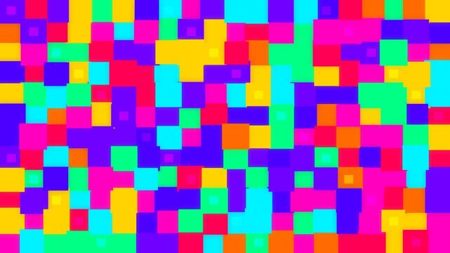 Vibrant colorful pixel mosaic animation with flat geometric squares on white background, perfect for video transitions, motion graphics and intros