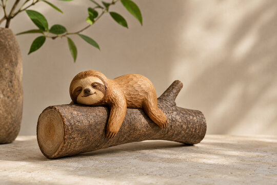 Wooden sloth figurine hanging on tree branch, nature craft concept
