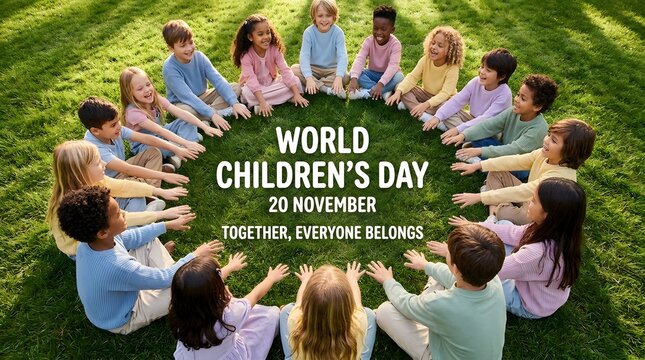 Diverse group of happy children sitting in a circle on green grass celebrating world childrens day together