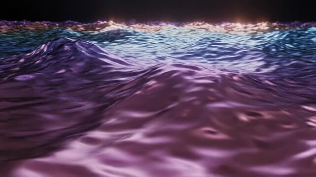 Abstract 3D rendered liquid metallic waves featuring gradient colors of deep blue, purple, and bronze. The rippling surface shows high-contrast reflections on a dark horizon.
