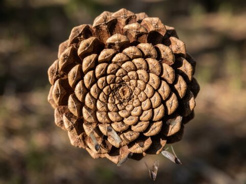 Macro top-down view of an open pinecone displaying natural Fibonacci spiral