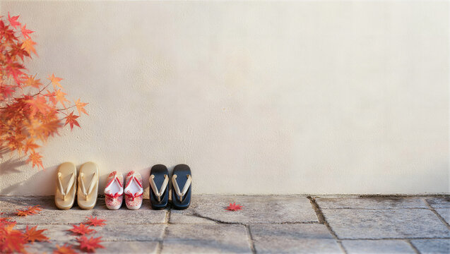 紅葉の石畳に並ぶ七五三家族の草履