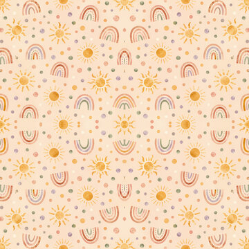 Hand-painted sun motifs, arches and abstract dots in a warm boho