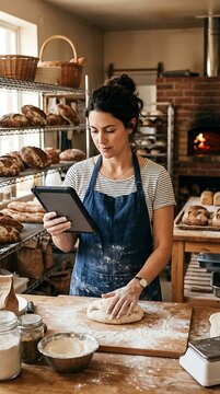 Baker using tablet to check orders while kneading dough in a rustic bakery