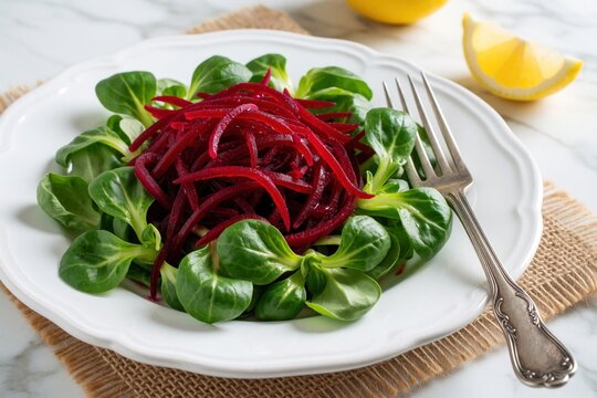 Fresh salad with grated beetroot and green corn salad leaves served on a white plate with fork. Healthy meal with fresh lemon slice on marble background. Delicious light food.
