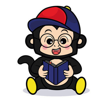 Cute cartoon monkey with glasses and cap reading a book, vector animal illustration
