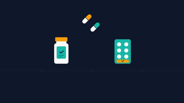 Animated medical icons featuring pill bottles and capsules on dark background