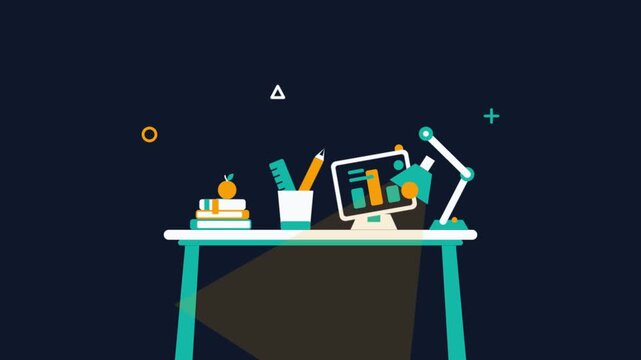 Animated modern office desk with computer and stationery appearing in flat design
