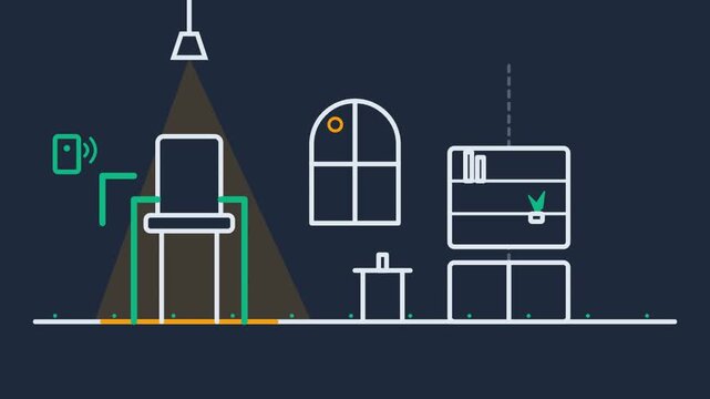 Animated outline room interior featuring smart home automation wireless control lines and connected device signals