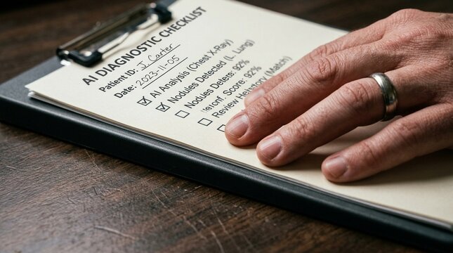 Hand placing an AI diagnostic checklist on a clipboard | AI Diagnostics and Healthcare Technology