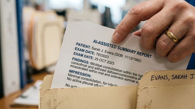 Hand placing a printed AI-assisted radiology summary into a patient folder | AI-Assisted Radiology Diagnostics Concept