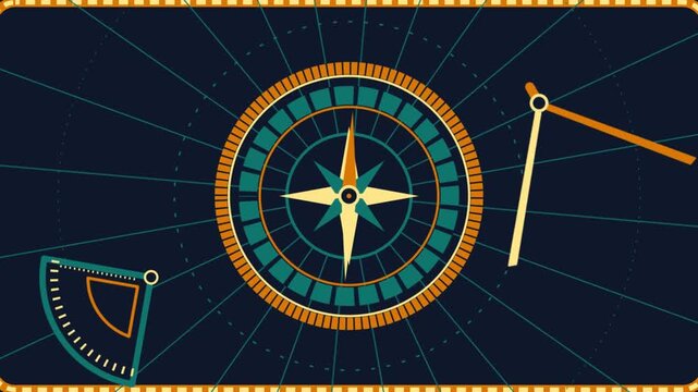 Animated Retro Compass and Navigation Instruments on Dark Blueprint Background