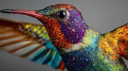 Fototapeta premium Close-up of a colorful flying hummingbird hovering in midair, vibrant tropical bird with detailed feathers and long beak, graceful wildlife in natural habitat, beautiful exotic bird in flight, nature 