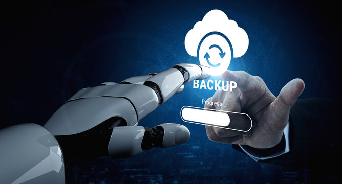 A creative illustration of a robot hand reaching for a cloud backup icon, highlighting the future of technology and collaboration in the digital data management process. Ledger