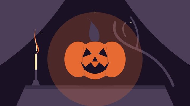 Halloween carved pumpkin lantern glowing with scary face and candle in dark room
