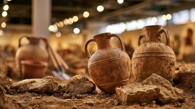 Ancient clay amphorae with handles, displayed among rocks in a museum setting with warm lighting and blurred background.