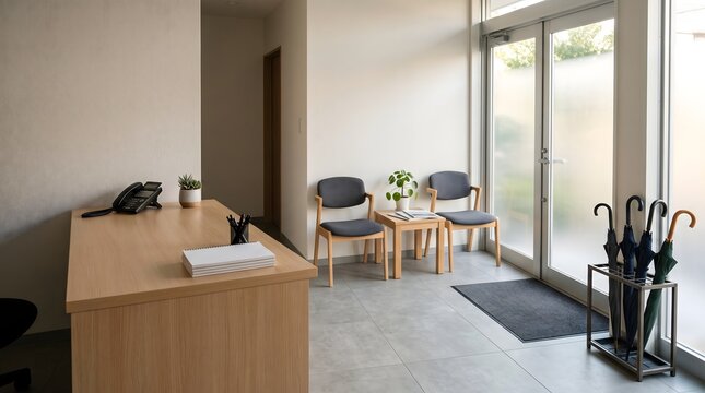 Modern business office lobby waiting area featuring light wood furniture minimalist interior design natural light entry door and organized umbrellas for professional corporate client reception space