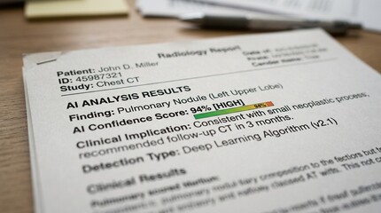 Obraz premium Printed radiology report with an AI confidence score section | AI-Assisted Radiology Diagnostics Concept