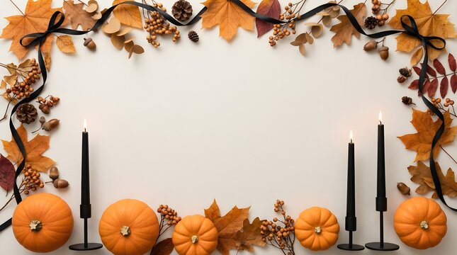 Autumn Flat Lay Frame with Pumpkins, Black Candles, Pinecones, and Fall Leaves Copy Space