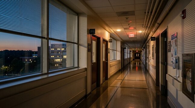 Quiet diagnostics corridor at dusk, blinds casting soft shadows | AI-Powered Medical Diagnostics Concept