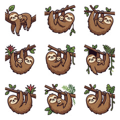 Fototapeta premium Cute sloth family illustrations hanging on tree branches in various poses