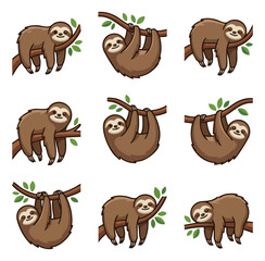 Fototapeta premium Cute sloth illustration collection various poses on branch