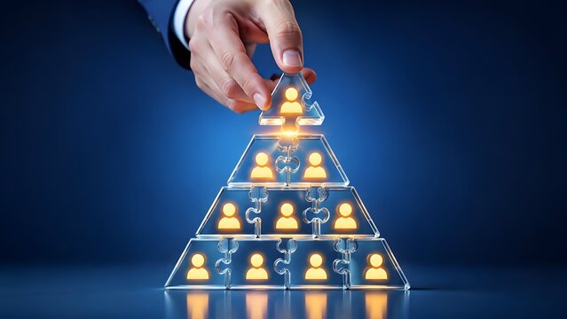 Hand placing top glass puzzle block on pyramid hierarchy representing business leadership and team building structure
