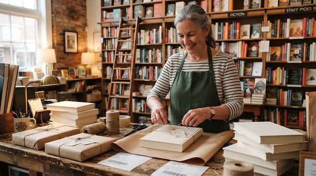Smiling woman owner wrapping books in a cozy independent bookstore