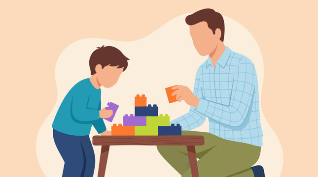 Father and son playing with colorful building blocks, family bonding time