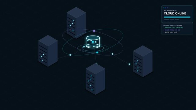 4K seamless loop motion graphics featuring a futuristic cloud computing hub, floating data core, orbital network rings, digital nodes, and animated data streams.