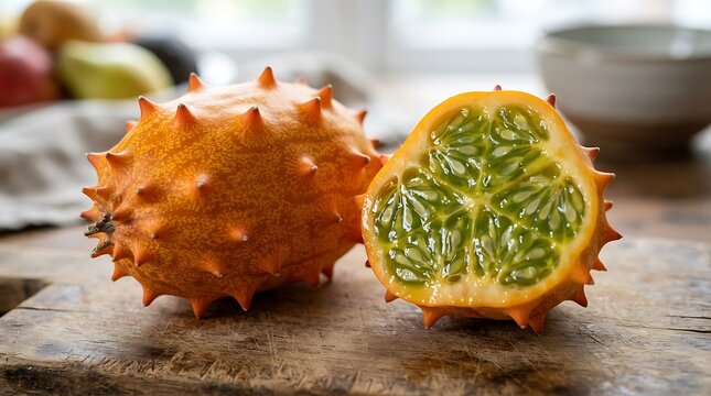 Kiwano fruit, whole and halved, revealing its vibrant green jelly-like interior
