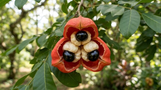 Ripe ackee fruit revealing its black seeds and creamy arils on a tree branch