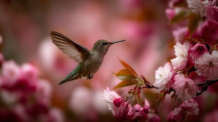 Fototapeta premium Hummingbird hovering over colorful flower blossoms in lush garden, graceful flying bird feeding on nectar, vibrant wildlife and nature scene, peaceful outdoor garden beauty, close up tropical bird in 