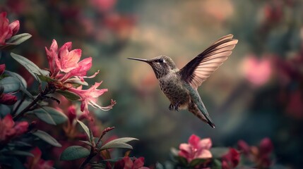 Fototapeta premium Hummingbird hovering over colorful flower blossoms in lush garden, graceful flying bird feeding on nectar, vibrant wildlife and nature scene, peaceful outdoor garden beauty, close up tropical bird in 