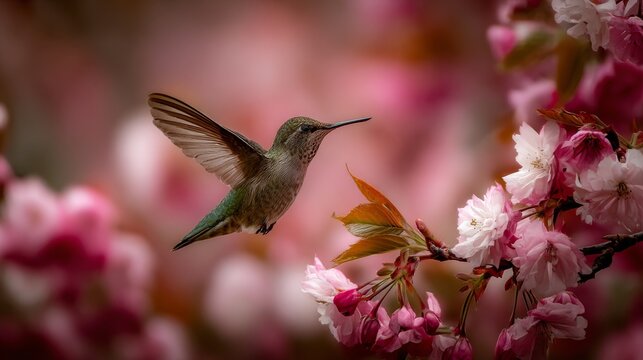 Hummingbird hovering over colorful flower blossoms in lush garden, graceful flying bird feeding on nectar, vibrant wildlife and nature scene, peaceful outdoor garden beauty, close up tropical bird in 
