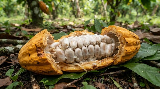Ripe yellow cocoa pod split open revealing white beans on a tropical plantation