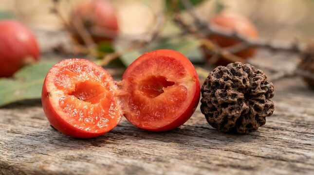 Freshly cut red plum revealing juicy flesh and pit on rustic wooden surface