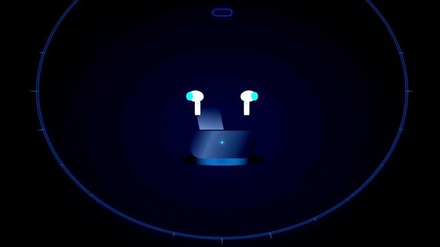 Wireless earbuds charging case and two earphones floating inside a glowing blue circular tech HUD element against a dark background motion graphic loop
